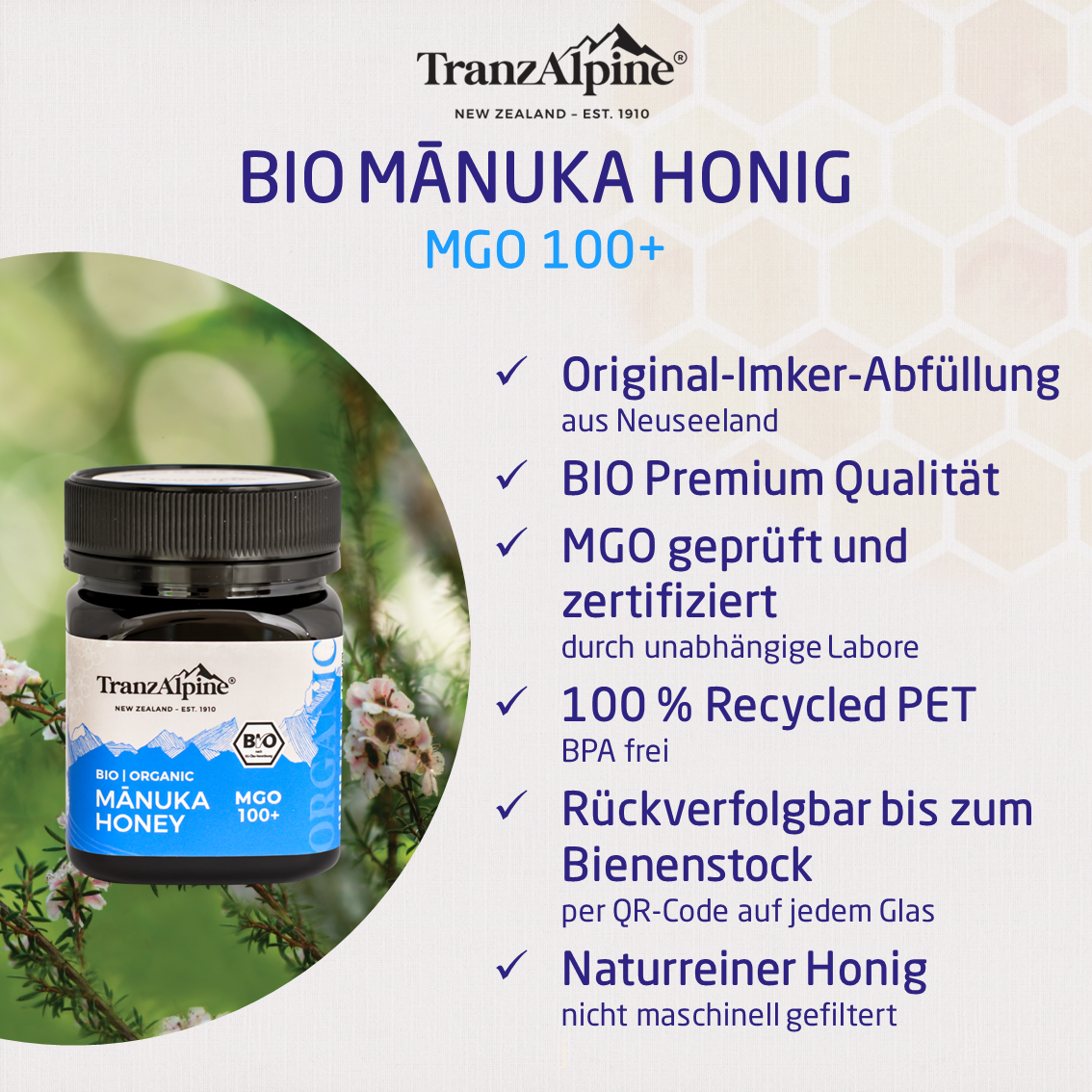 TranzAlpine Bio-Manuka Honig MGO 100+