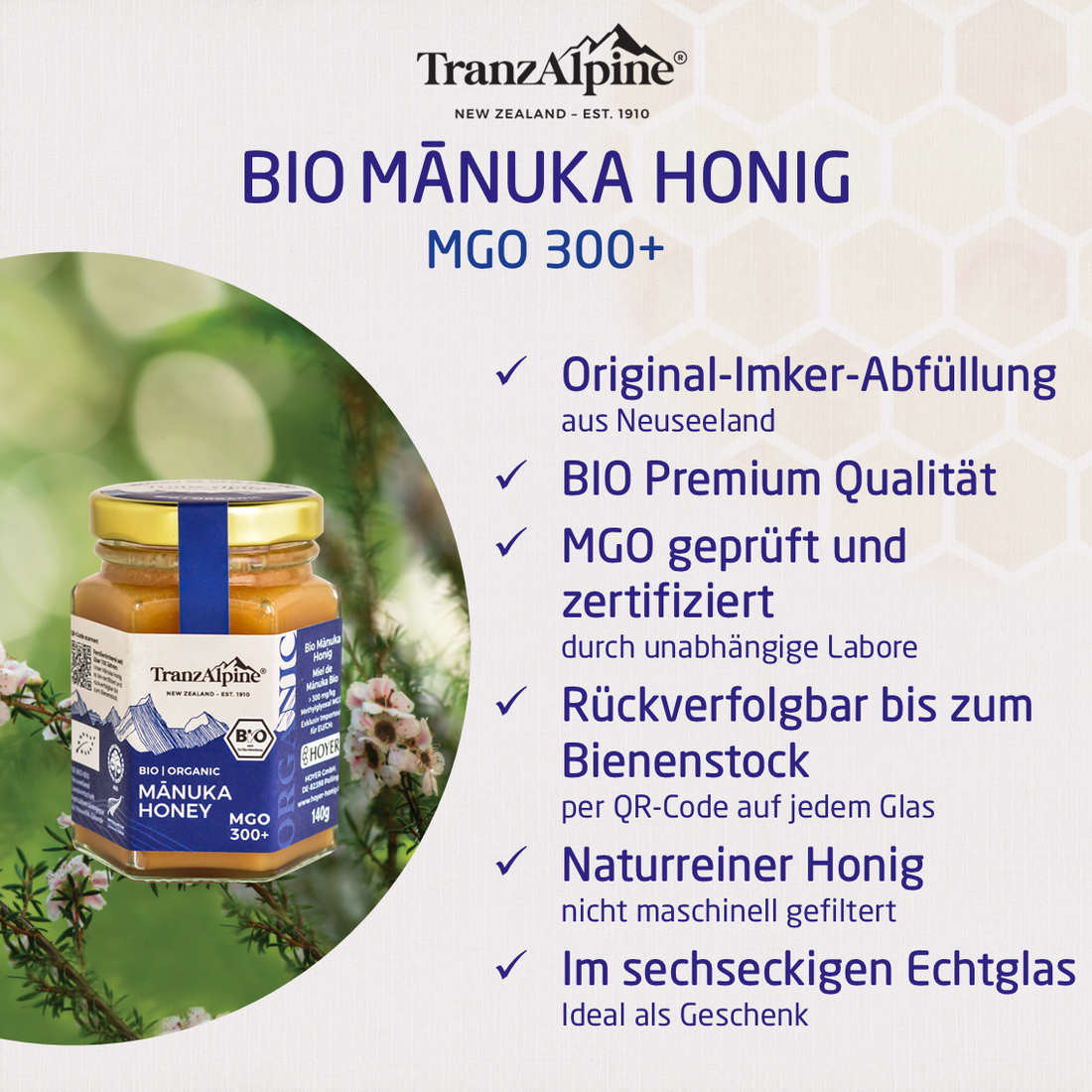 TranzAlpine Organic Manuka Honey MGO 300+