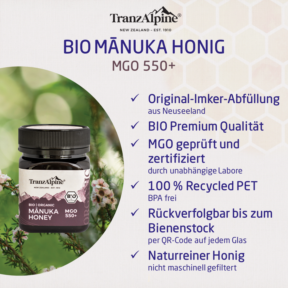 TranzAlpine Bio-Manuka Honig MGO 550+